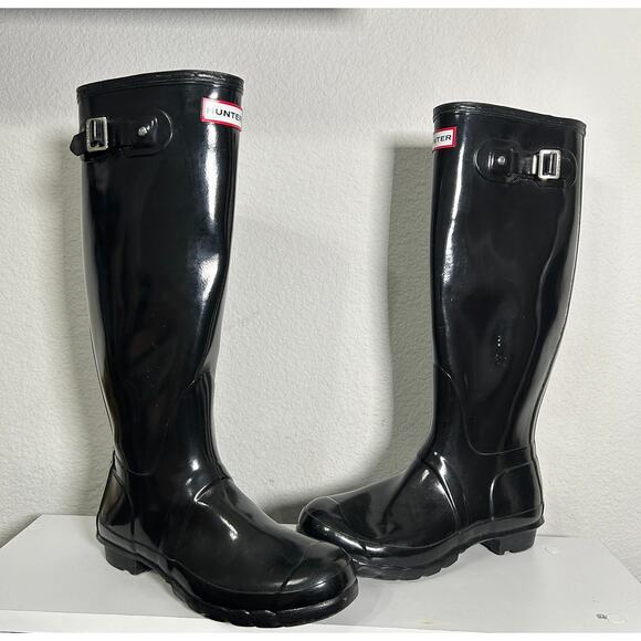 Hunter Original Tall Gloss Rain Boots Black Classic Black Women's Size 8 - Picture 4 of 13